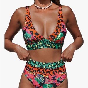 Vibrant Floral and Leopard Print Bikini Set